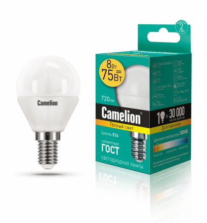 Светодиодная лампа E14 8W 3000К (теплый свет) Camelion LED8-G45/830/E14 (12391)