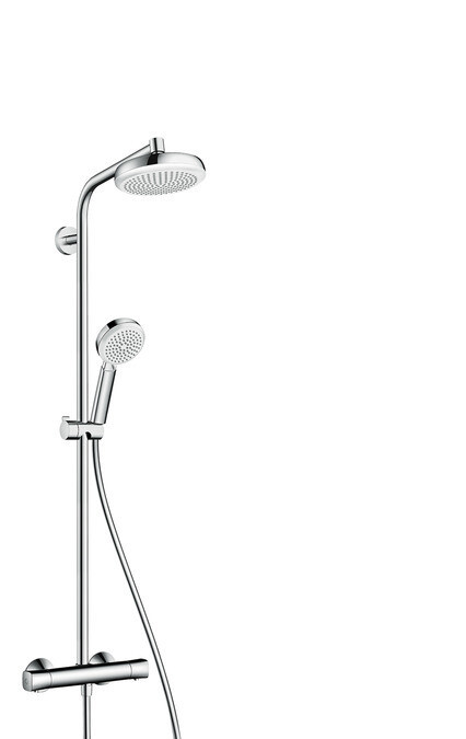 Душевая стойка, Hansgrohe, Crometta, тип регулирования воды-термостатический картридж, верхний душ-есть, форма верхнего душа-круглая, размер верхнего душа-160, держатель верхнего душа-есть, вынос, мм-350, количество режимов верхнего душа-1, тип струи верх