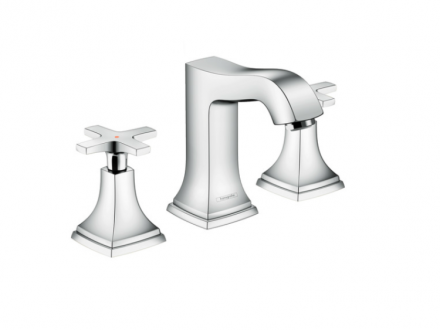 Смеситель для раковины, Hansgrohe, Metropol Classic, тип открывания воды-двухвентильный, тип регулирования воды-керамический картридж, тип установки-на раковину, отверстия для монтажа-3, высота, мм-145, вынос излива, мм-126, донный клапан-есть, тип подвод