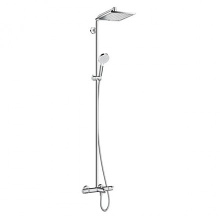 Душевая стойка, Hansgrohe, Crometta E, смеситель-есть, тип открывания воды-вентильный, тип регулирования воды-термостатический картридж, излив-есть, вынос излива, мм-182, верхний душ-есть, форма верхнего душа-квадратная, размер верхнего душа-240*240, держ