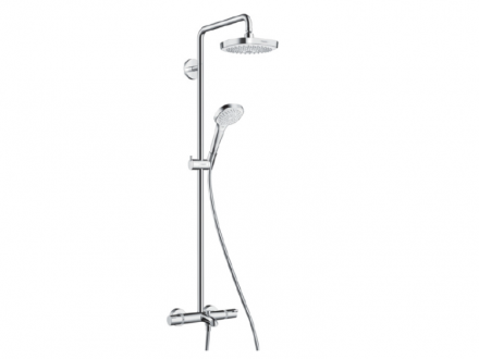 Душевая стойка, Hansgrohe, Croma Select E, смеситель-есть, тип открывания воды-двухвентильный, тип регулирования воды-термостатический картридж, излив-есть, вынос излива, мм-186, верхний душ-есть, форма верхнего душа-квадратная, размер верхнего душа-180,