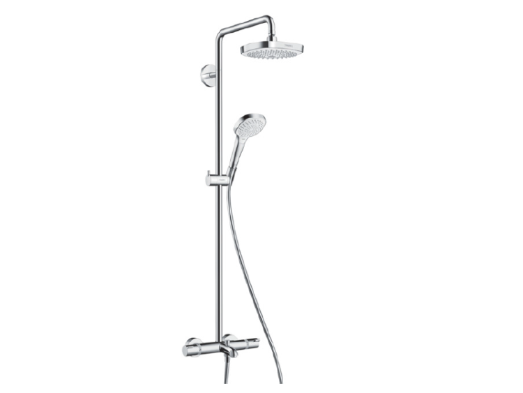 Душевая стойка, Hansgrohe, Croma Select E, смеситель-есть, тип открывания воды-двухвентильный, тип регулирования воды-термостатический картридж, излив-есть, вынос излива, мм-186, верхний душ-есть, форма верхнего душа-квадратная, размер верхнего душа-180,