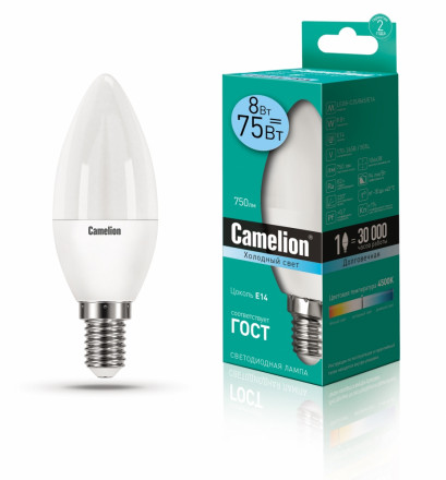 Светодиодная лампа E14 8W 4500К (холодный свет) Camelion LED8-C35/845/E14 (12386)