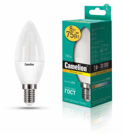 Светодиодная лампа E14 8W 3000К (теплый свет) Camelion LED8-C35/830/E14 (12385)