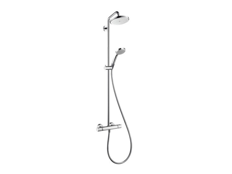 Душевая стойка, Hansgrohe, Croma 220, смеситель-есть, тип открывания воды-двухвентильный, тип регулирования воды-термостатический картридж, верхний душ-есть, форма верхнего душа-круглая, размер верхнего душа-220, держатель верхнего душа-есть, вынос, мм-50
