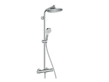 Душевая стойка, Hansgrohe, Crometta S, смеситель-есть, тип открывания воды-двухвентильный, тип регулирования воды-термостатический картридж, верхний душ-есть, форма верхнего душа-круглая, размер верхнего душа-240, держатель верхнего душа-есть, вынос, мм-3