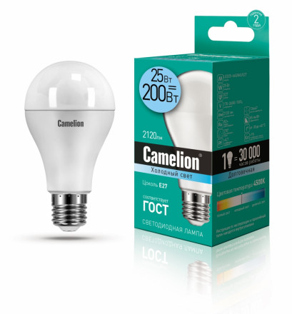 Светодиодная лампа E27 25W 4500К (холодный свет) Camelion LED25-A65/845/E27 (13572)