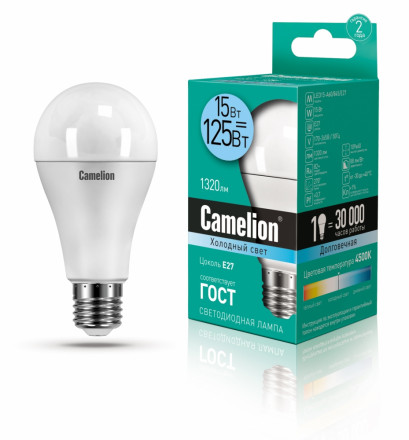Светодиодная лампа E27 15W 4500К (холодный свет) Camelion LED15-A60/845/E27 (12186)