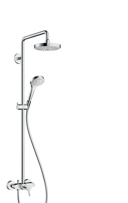Душевая стойка, Hansgrohe, Croma Select S, смеситель-есть, тип открывания воды-однорычажный, тип регулирования воды-керамический узел смешивания, верхний душ-есть, форма верхнего душа-круглая, размер верхнего душа-180, держатель верхнего душа-есть, вынос,