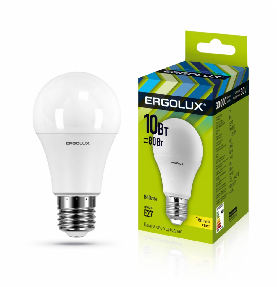 Светодиодная лампа E27 10W 3000K Ergolux LED-A60-10W-E27-3K 12148