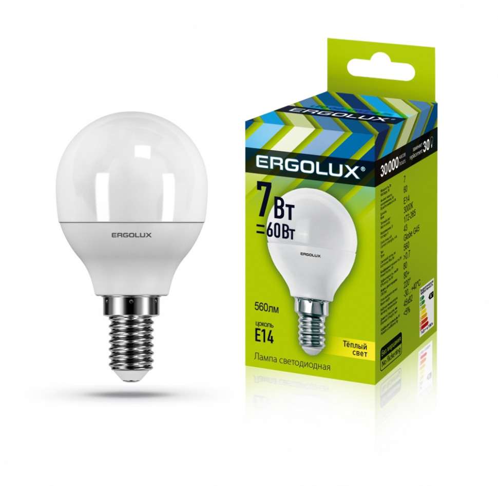 Светодиодная лампа E14 7W 3000K Ergolux LED-G45-7W-E14-3K 12142