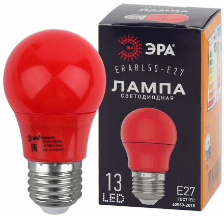 Светодиодная лампа Е27 3W 3000К (красный) Эра ERARL50-E27 A50 (Б0049580)