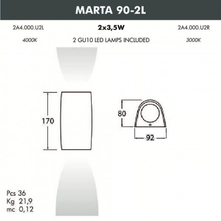 Уличный настенный светодиодный светильник Fumagalli Marta 2A4.000.000.WXU2L