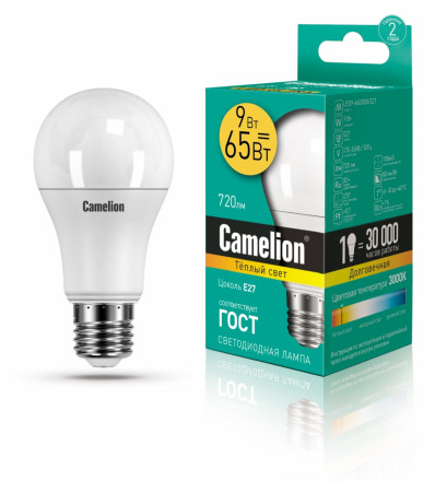 Светодиодная лампа E27 9W 3000К (теплый свет) Camelion LED9-A60/830/E27 (12043)