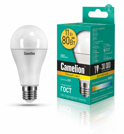Светодиодная лампа E27 11W 3000К (теплый свет) Camelion LED11-A60/830/E27 (12035)
