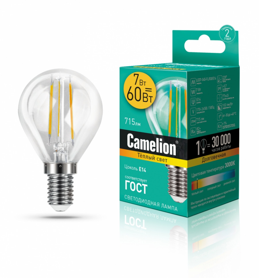 Светодиодная лампа E14 7W 3000К (теплый свет) Camelion LED7-G45-FL/830/E14 (13456)