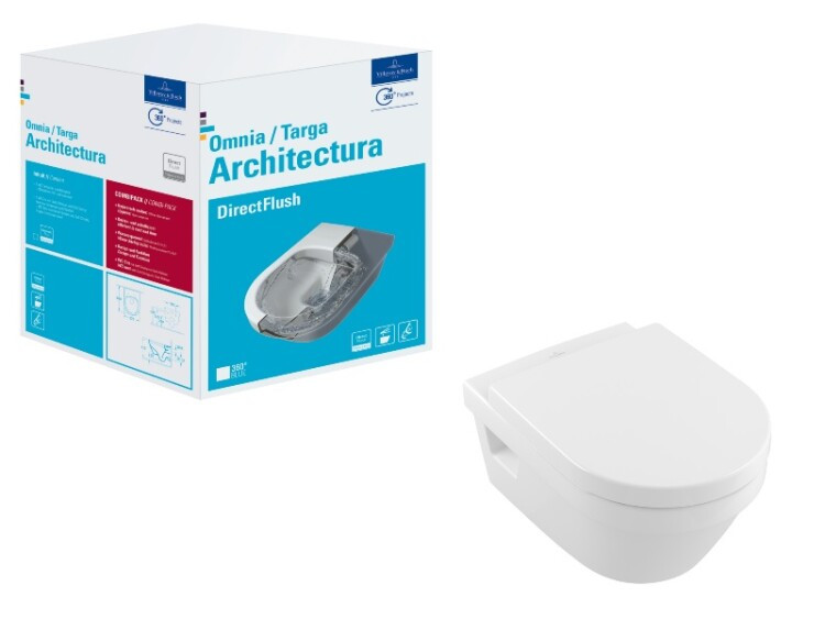 Унитаз, Villeroy&Boch, Architectura, комбинированная упаковка, с открытым смывным краем , тип установки-подвесной, ширина, мм-370, глубина, мм-530, высота, мм-330, форма чаши-овальная, выпуск-горизонтальный, материал-санфарфор, сиденье-есть, с функцией Qu