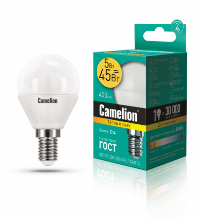 Светодиодная лампа E14 5W 3000К (теплый свет) Camelion LED5-G45/830/E14 (12027)