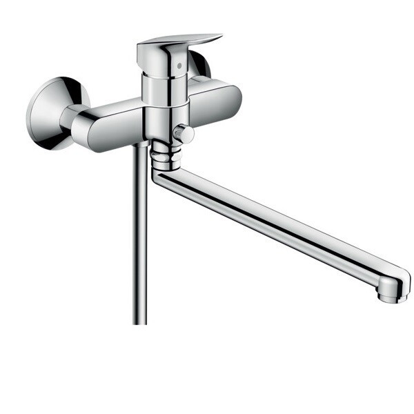 Смеситель для ванны и душа, Hansgrohe, Logis, тип открывания воды-однорычажный, тип регулирования воды-керамический картридж, тип установки-настенный, отверстия для монтажа-2, вынос излива, мм-300, цвет-хром, регулируемое ограничение температуры, с перекл