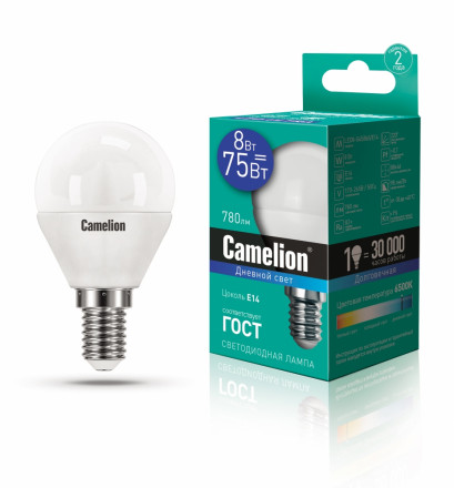 Светодиодная лампа E14 8W 6500К (дневной свет) Camelion LED8-G45/865/E14 (13371)