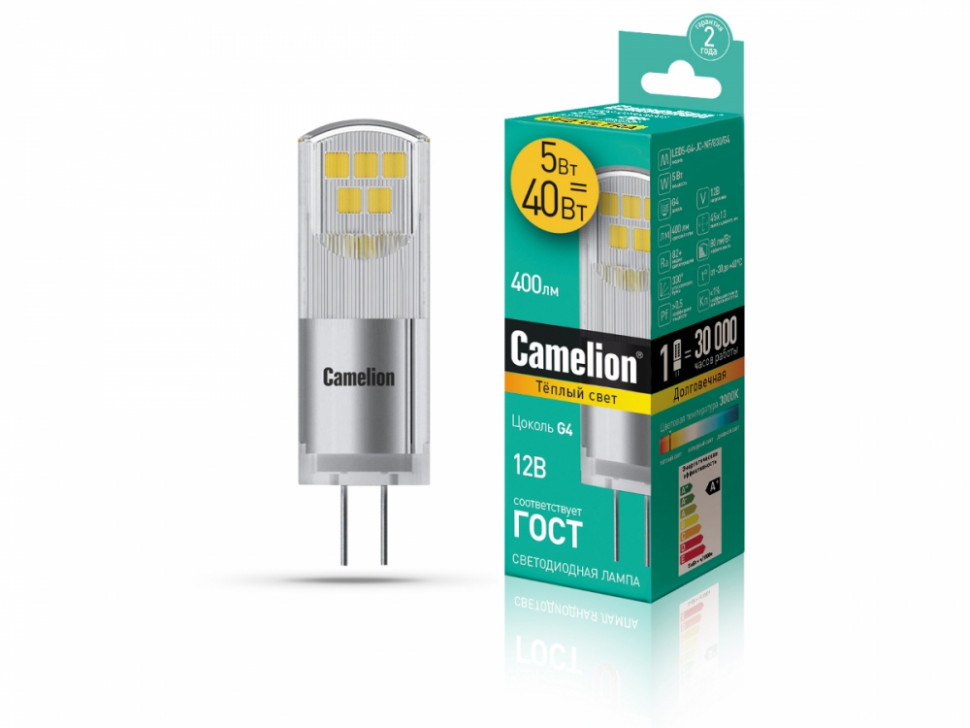 Светодиодная лампа G4 5W 3000K (теплый свет) Camelion LED5-G4-JC-NF/830/G4 (13749)