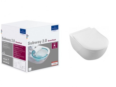 Унитаз, Villeroy&amp;Boch, Subway 2.0, безободковый (с открытым смывным краем), тип установки-подвесной, ширина, мм-370, глубина, мм-560, высота, мм-365, форма чаши-овальная, выпуск-горизонтальный, материал-санфарфор, сиденье-в комплекте, вид грязеотталкивающ