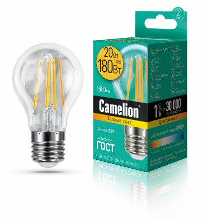 Светодиодная лампа E27 20W 3000К (теплый свет) Camelion LED20-A60-FL/830/E27 (13718)