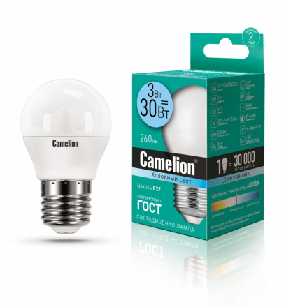 Светодиодная лампа E27 3W 4500К (холодный свет) Camelion LED3-G45/845/E27 (11376)