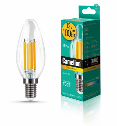 Светодиодная лампа E14 12W 3000К (теплый свет) Camelion LED12-C35-FL/830/E14 (13708)