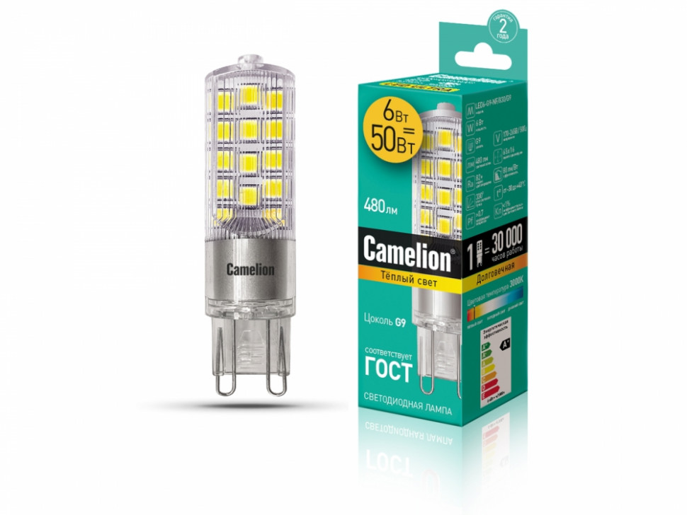 Светодиодная лампа G9 6W 3000K (теплый свет) Camelion LED6-G9-NF/830/G9 (13706)