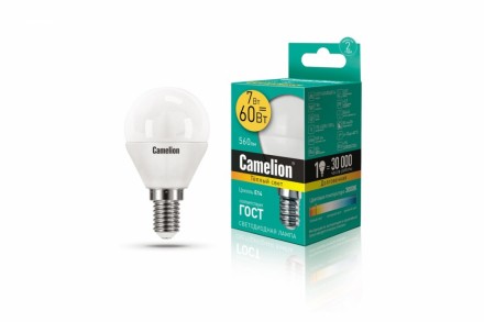 Лампа светодиодная 7Вт 220В Camelion LED7-G45/830/E14 12069