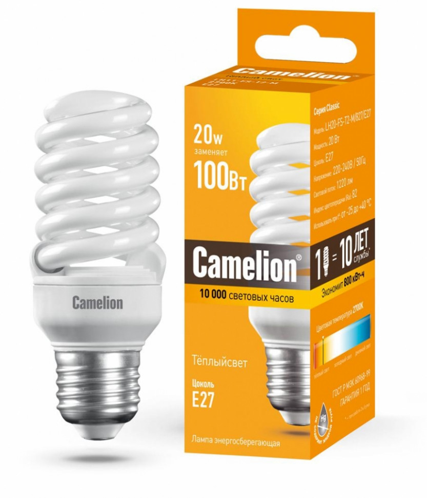 Энергосберегающая лампа E27 20W 2700K (теплый свет) Camelion LH20-FS-T2-M/827/E27 (10598)