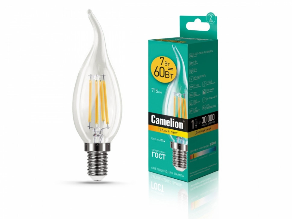 Лампа светодиодная 7Вт 220В Camelion LED7-CW35-FL/830/E14 13454