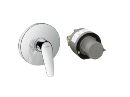 Смеситель для душа, Hansgrohe, Novus, тип открывания воды-рычажный, тип регулирования воды-керамический картридж, монтаж-вертикальный встраиваемый (настенный), отверстия для монтажа-1, внутренняя часть-есть, цвет-хром