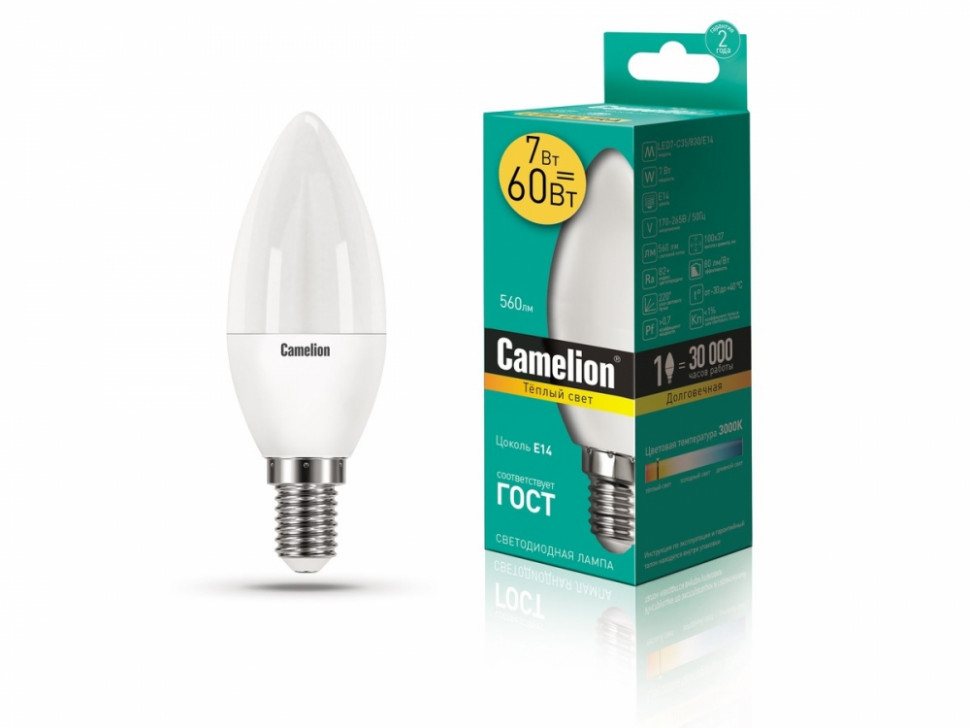 Лампа светодиодная 7Вт 220В Camelion LED7-C35/830/E14 12073