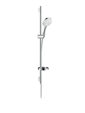 Душевой гарнитур, Hansgrohe, Raindance Select S, размер штанги, мм-900, размер шланга, мм-1600, диаметр ручного душа, мм-120, количество режимов-3, тип струи-RainAir, Rain, WhirlAir, комплектация-мыльница, цвет-белый/хром
