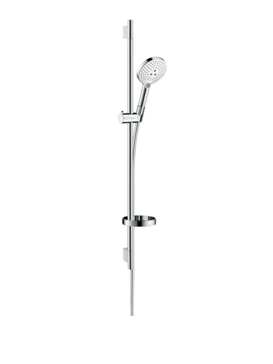 Душевой гарнитур, Hansgrohe, Raindance Select S, размер штанги, мм-900, размер шланга, мм-1600, диаметр ручного душа, мм-120, количество режимов-3, тип струи-RainAir, Rain, WhirlAir, комплектация-мыльница, цвет-белый/хром