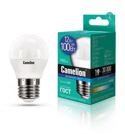 Светодиодная лампа E27 12W 6500К (дневной свет) Camelion LED12-G45/865/E27 (13698)