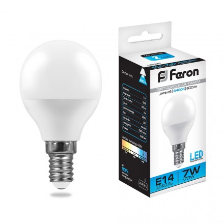 Лампа светодиодная Feron E14 7W 6400K Шар Матовая LB-95 25480
