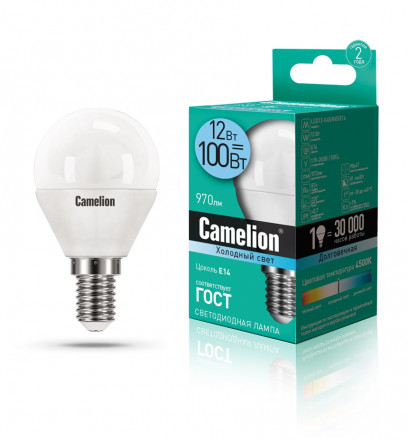 Светодиодная лампа E14 12W 4500К (холодный свет) Camelion LED12-G45/845/E14 (13695)