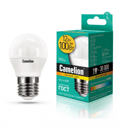 Светодиодная лампа E27 12W 3000К (теплый свет) Camelion LED12-G45/830/E27 (13694)