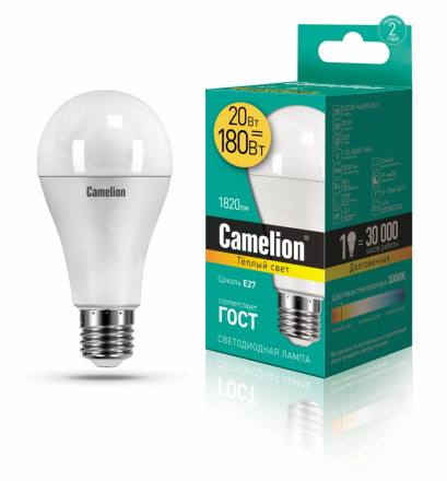 Светодиодная лампа E27 20W 3000К (теплый свет) Camelion LED20-A65/830/E27 (13164)
