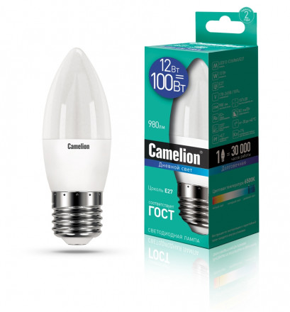 Светодиодная лампа E27 12W 6500К (дневной свет) Camelion LED12-C35/865/E27 (13692)