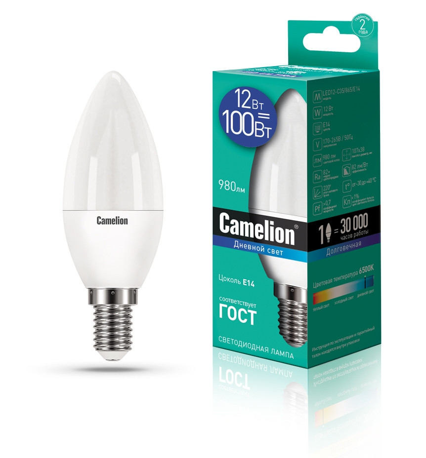 Светодиодная лампа E14 12W 6500К (дневной свет) Camelion LED12-C35/865/E14 (13691)
