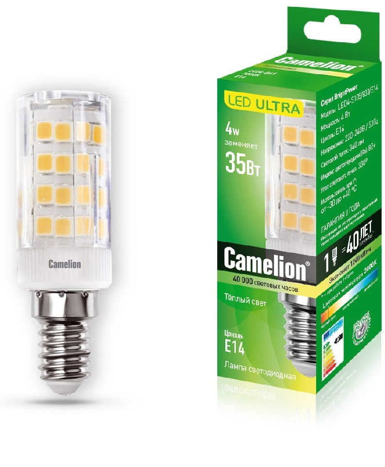 Светодиодная лампа E14 4W 3000К (теплый свет) Camelion LED4-S105/830/E14 (13155)