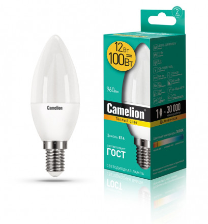 Светодиодная лампа E14 12W 3000К (теплый свет) Camelion LED12-C35/830/E14 (13687)