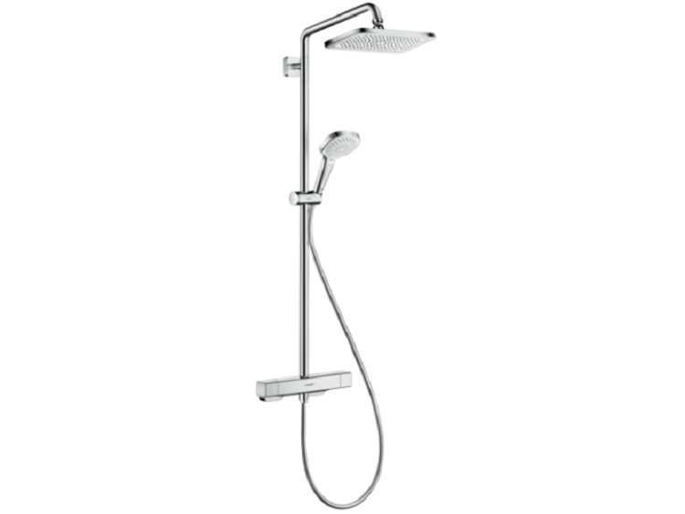 Душевая стойка, Hansgrohe, Croma E, смеситель-есть, тип регулирования воды-термостатический картридж, верхний душ-есть, форма верхнего душа-прямоугольная, размер верхнего душа-280*170, держатель верхнего душа-есть, вынос, мм-343, количество режимов верхне