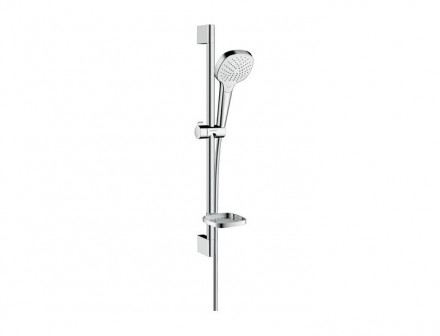 Душевой гарнитур, Hansgrohe, Croma Select E, размер штанги, мм-650, размер шланга, мм-1600, диаметр ручного душа, мм-110, количество режимов-3, тип струи-Rain, Intense Rain, Turbo Rain, комплектация-мыльница, цвет-белый/хром