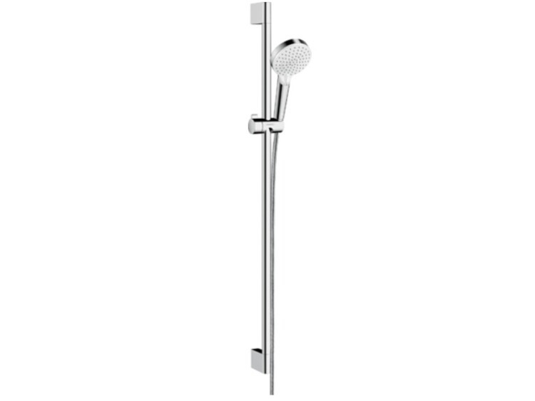 Душевой гарнитур, Hansgrohe, Crometta Vario, размер штанги, мм-900, ширина штанги,мм-22, размер шланга, мм-1600, диаметр ручного душа, мм-100, количество режимов-2, тип струи-Rain, Intense Rain, цвет-белый/хром, переключение типов струи с помощью вращающе