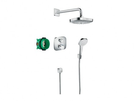 Душевой набор, Hansgrohe, Croma Select E, смеситель-есть, тип регулирования воды-термостатический картридж, верхний душ-есть, форма верхнего душа-квадратная, размер верхнего душа-187*187, держатель верхнего душа-есть, вынос, мм-389, количество режимов вер